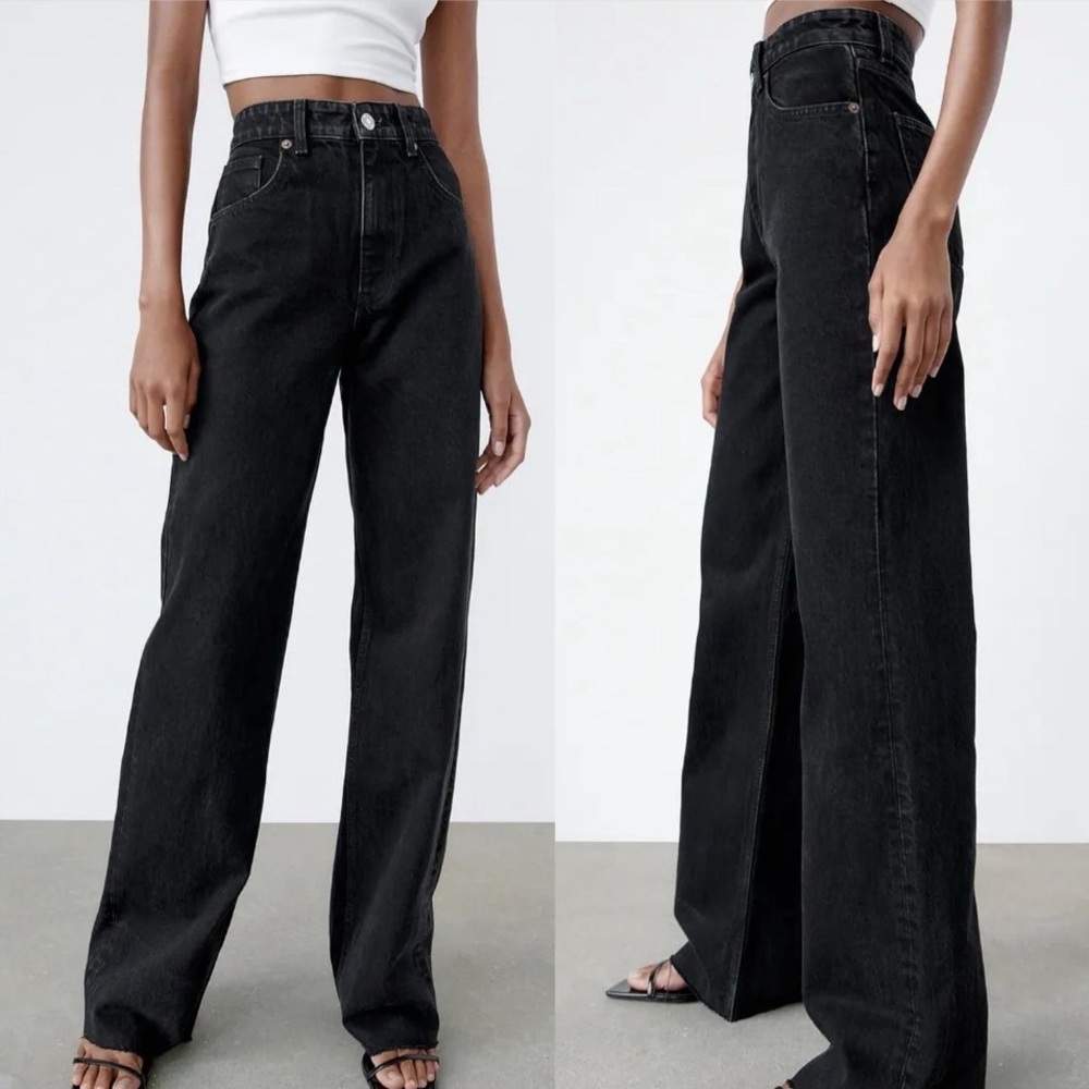 Zara High Rise Wide Leg Full Length Raw Hem Jeans Black 2